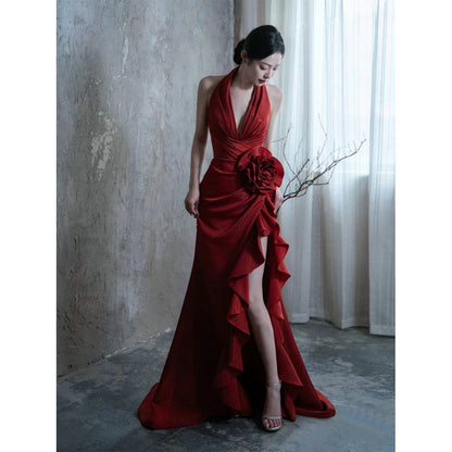 Socialite Style Wine Red Elegant Halter Bride Wedding Toast Dress