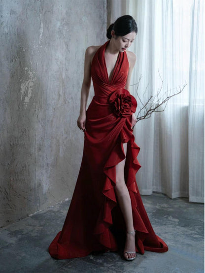 Socialite Style Wine Red Elegant Halter Bride Wedding Toast Dress