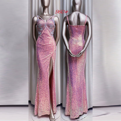 New Sequined Evening Dress Autumn And Winter Purple French Style High Sense Banquet