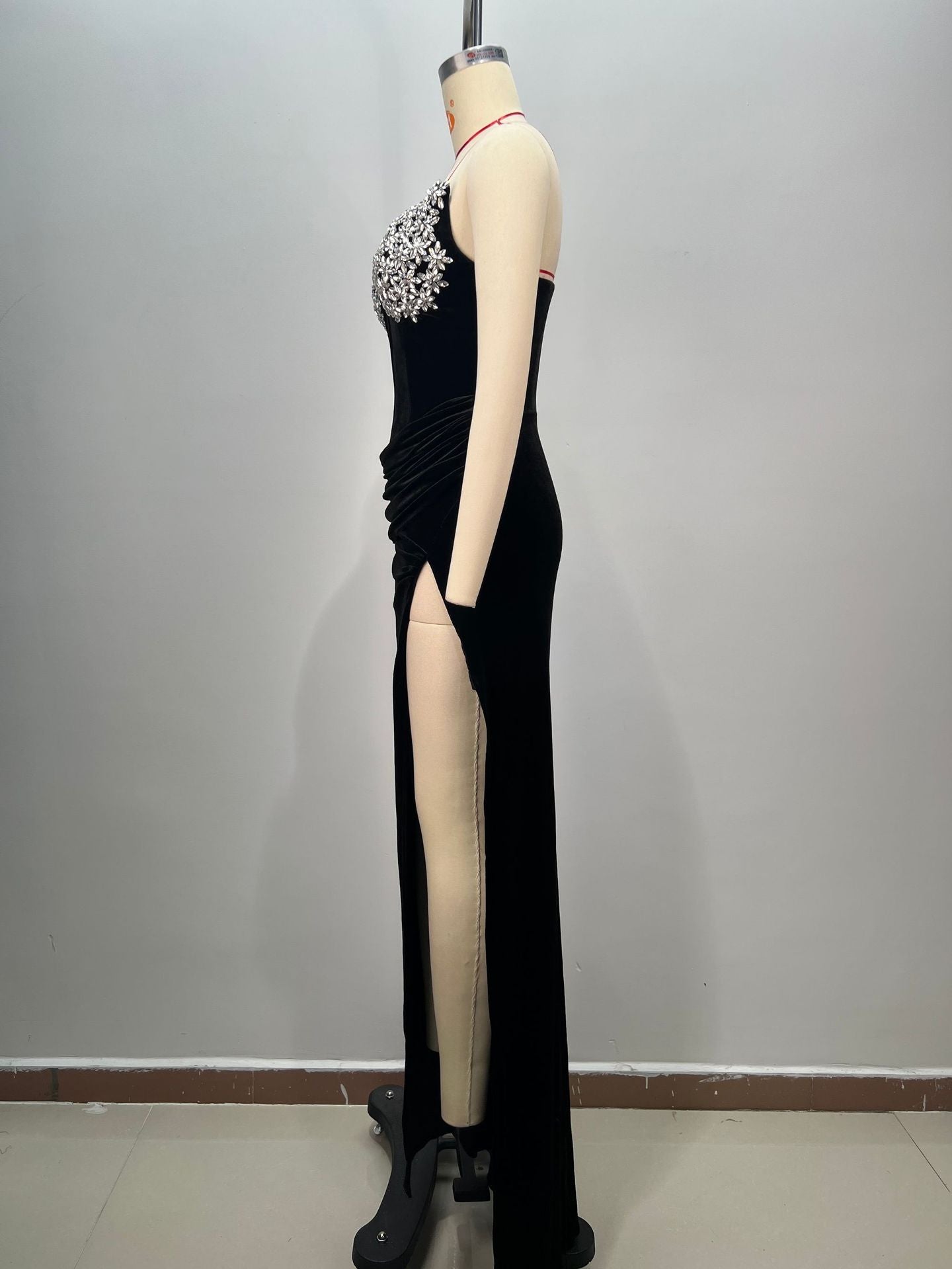 Women's Black Bandeau Slim-fit Hot Drilling Long Dress