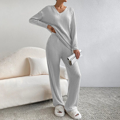 Chic Two-Piece Knitted Set: V-Neck Sweater & Straight-Leg Pants with Subtle Stripes