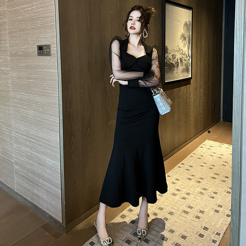 French Style Square Collar Long Dress For Women Hepburn Style Elegant Socialite Mesh Puff Sleeve Fishtail Dress