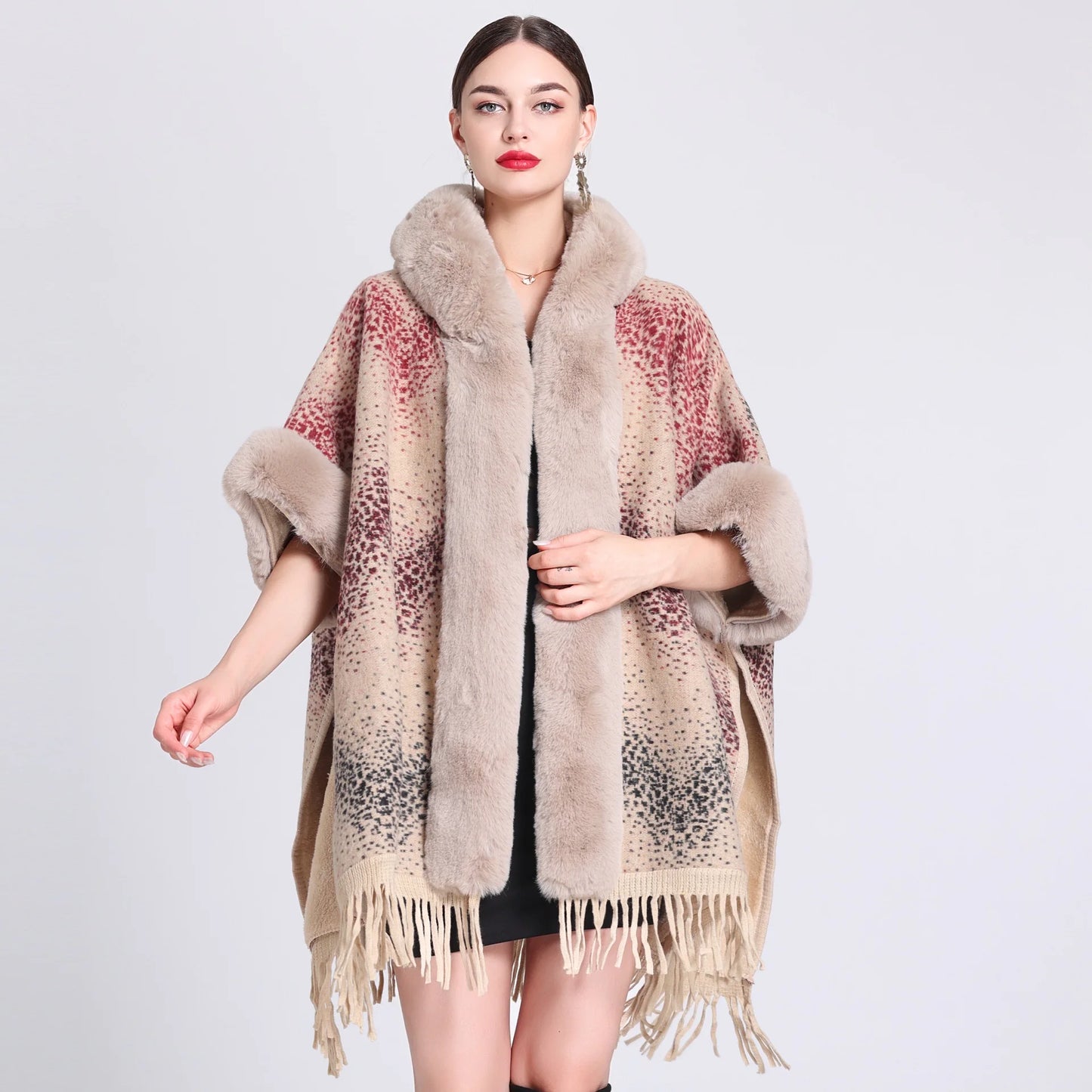 Fur Collar Knitted Poncho with Hoodie