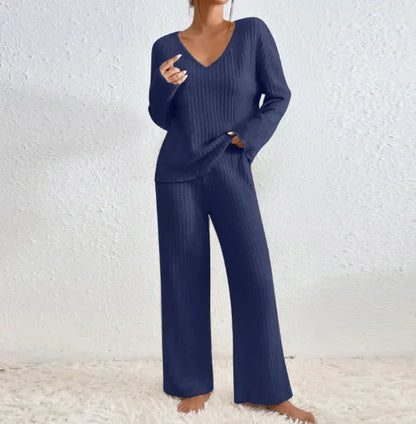 Chic Two-Piece Knitted Set: V-Neck Sweater & Straight-Leg Pants with Subtle Stripes