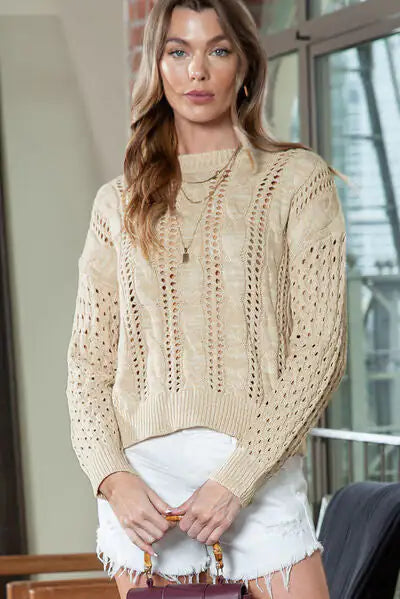 Full Size Openwork Cable-Knit Round Neck Knit Top-