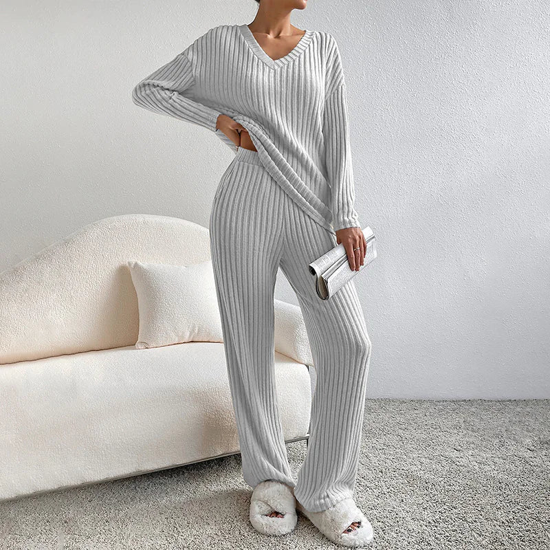 Chic Two-Piece Knitted Set: V-Neck Sweater & Straight-Leg Pants with Subtle Stripes