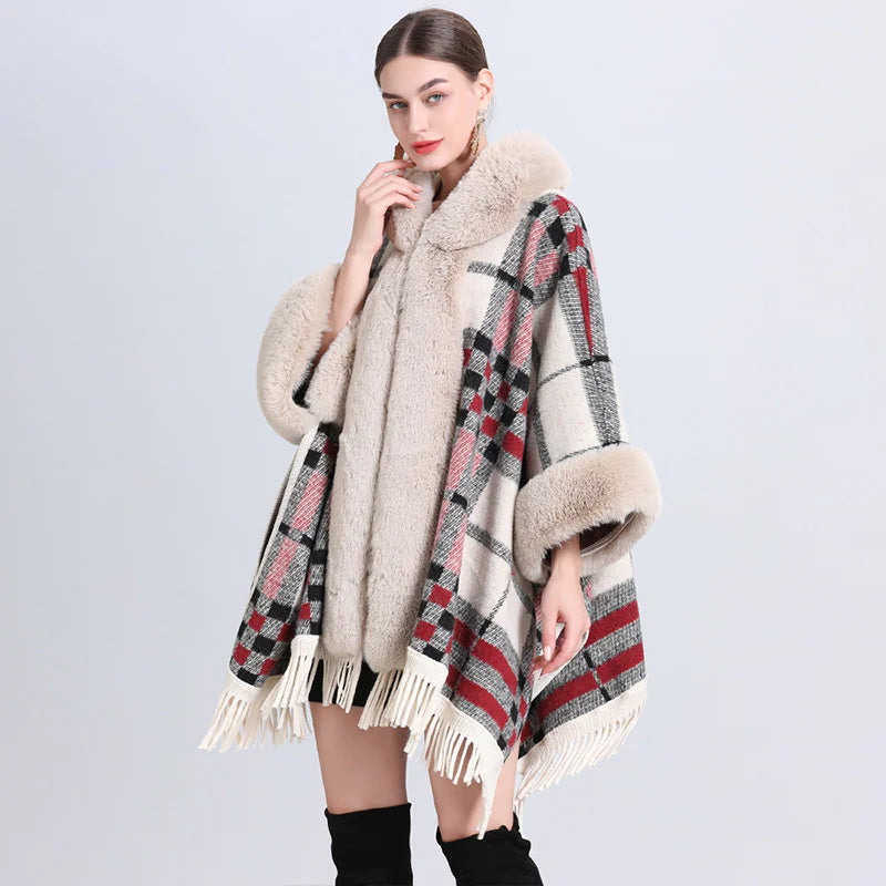 Fur Collar Knitted Poncho with Hoodie