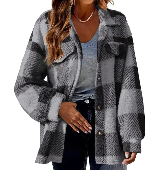 Turndown Collar Plaid Jacket with Pockets