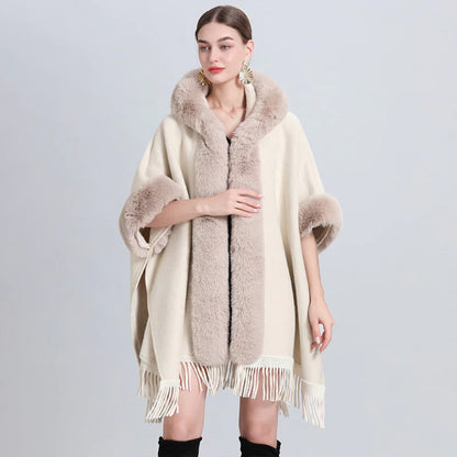 Fur Collar Knitted Poncho with Hoodie