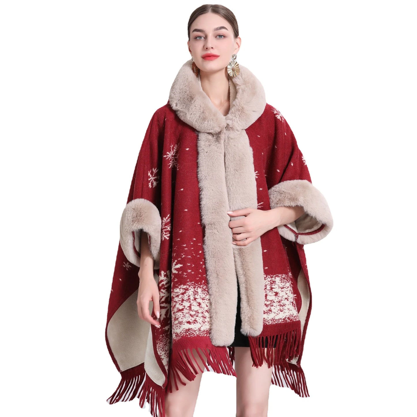 Fur Collar Knitted Poncho with Hoodie