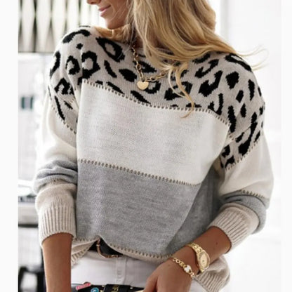 Casual Leopard Print Color-block Crew Neck Sweater