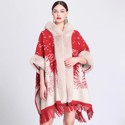 Fur Collar Knitted Poncho with Hoodie