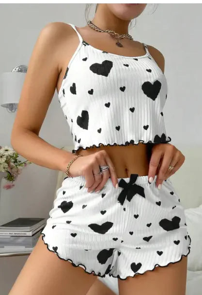 Heart Printing Suspender Shorts Casual Sunken Stripe Outerwear European and American Style Women Pajamas